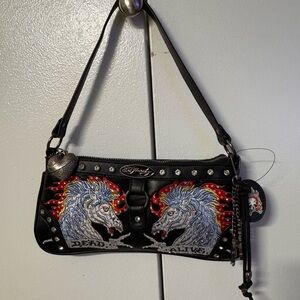 Ed Hardy Black Shoulder Bag with Embroidered Horse and Flame Detail
